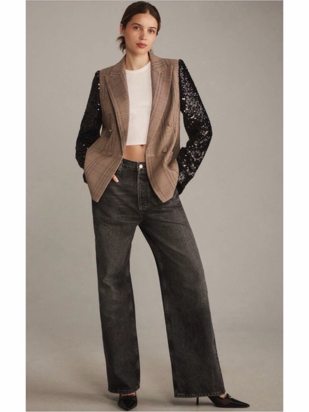 NWT Anthropologie Mare Mare Blazer Sequin Sleeve Brown Preppy Boho Retro Xxs